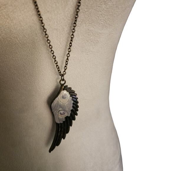 Bronze Feather and Enamel Long Pendant Necklace - Picture 4 of 4